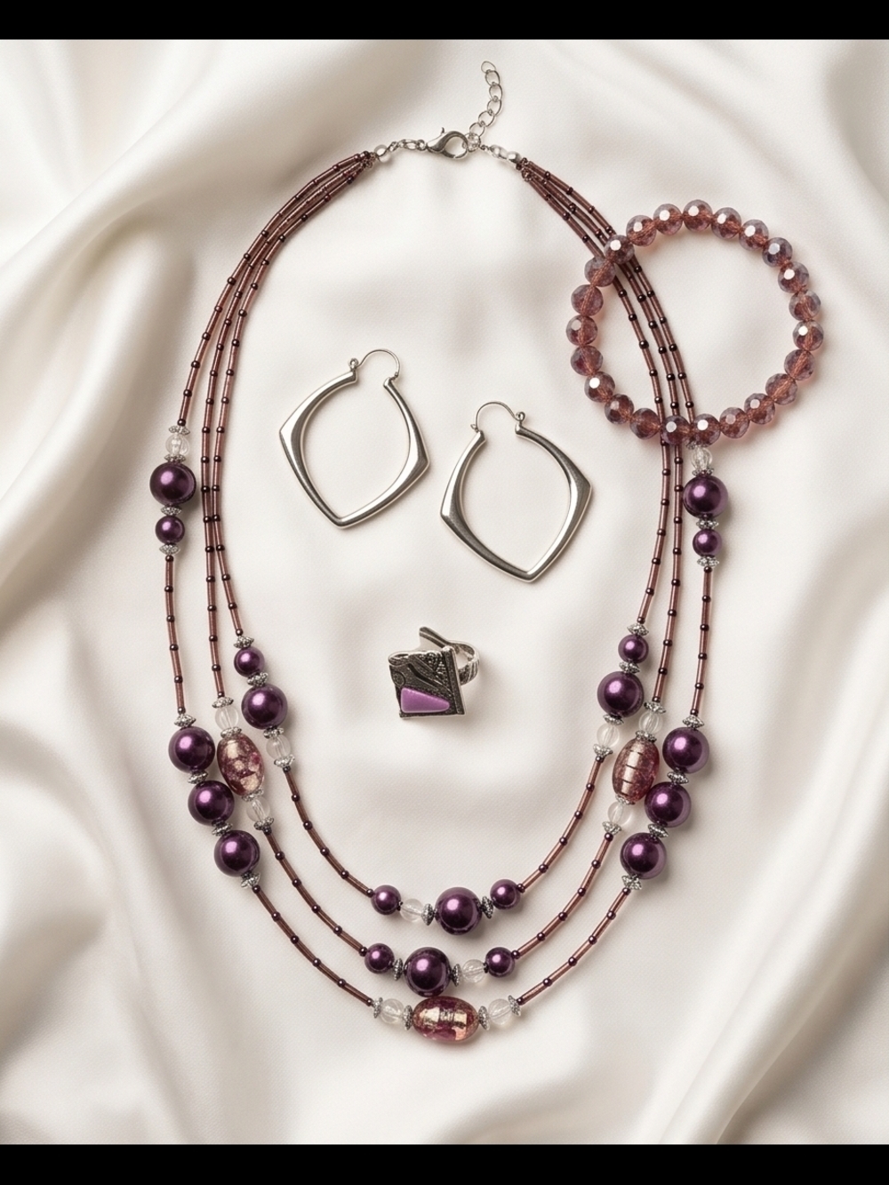Elegant Purple Bead Necklace Set with Bracelet, Earrings And Ring.